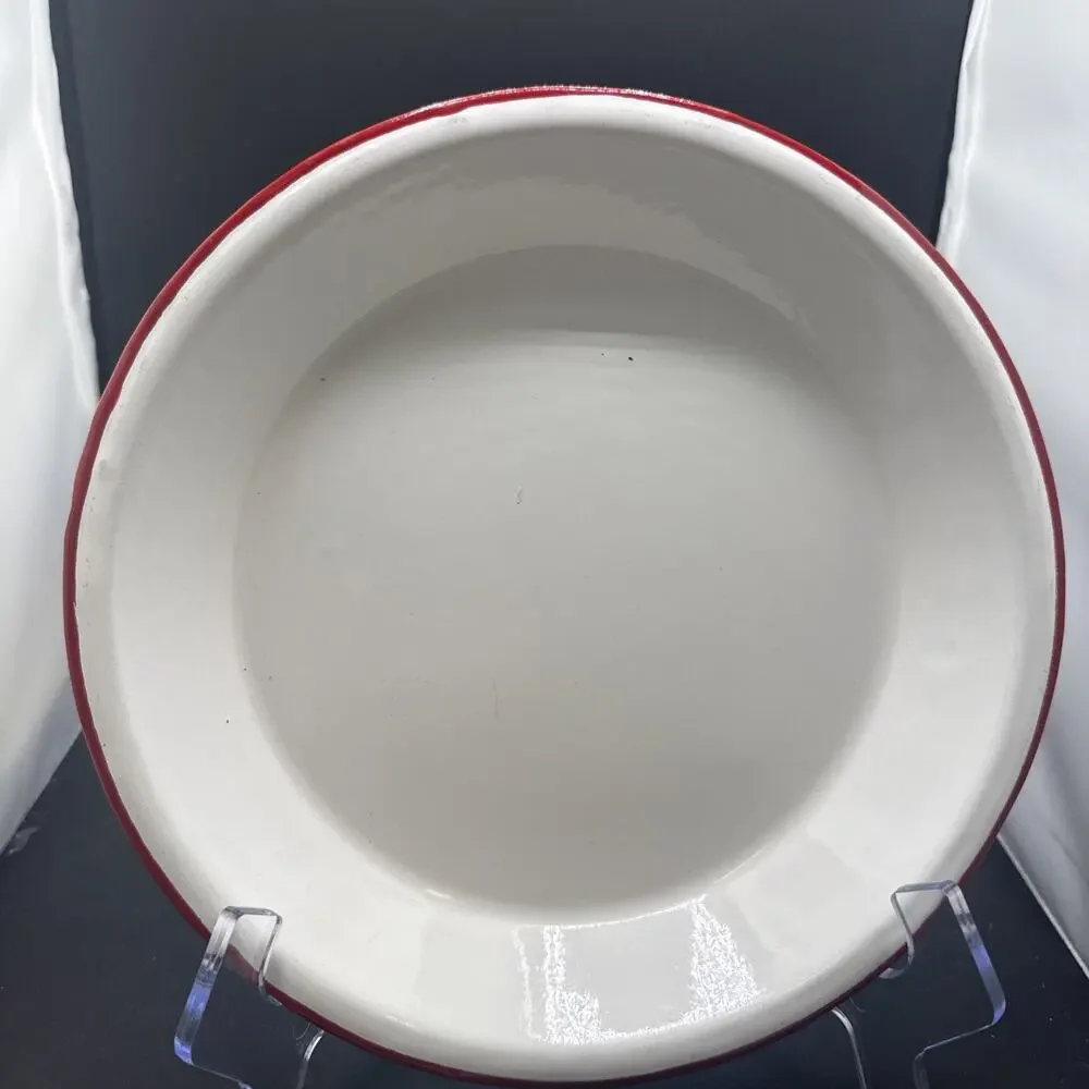 Vintage White Red Rim Enamelware Dinner Plate Farmhouse Camp Rustic 9.25 Inches